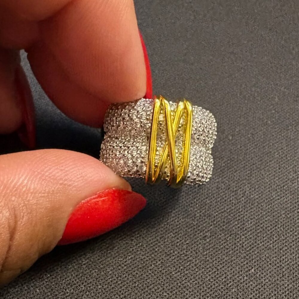 1pc Stylish Dual-Layer Dual-Tone Plated Zirconia Crossed Ring